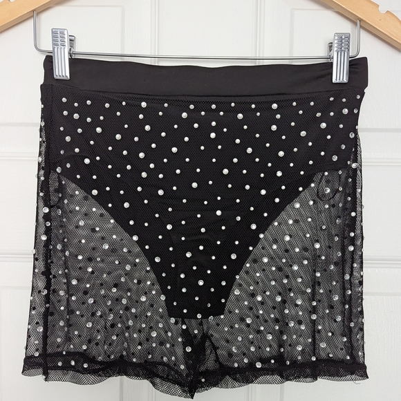 🔷Fashion Nova Women's Sheer Black Shorts With Rhinestones And Attached Panties - Picture 1 of 9